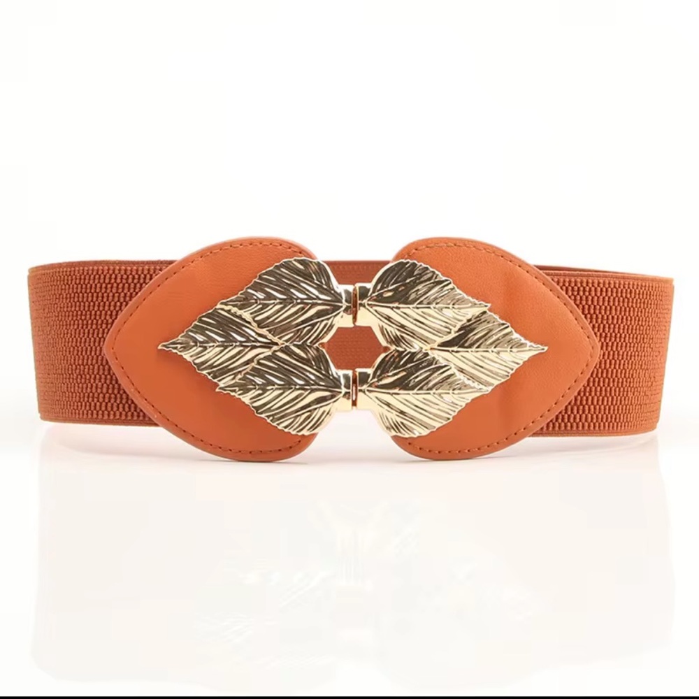 48. Mila Elegant Camel Belt with Gold Leaf Elastic waist Buckle